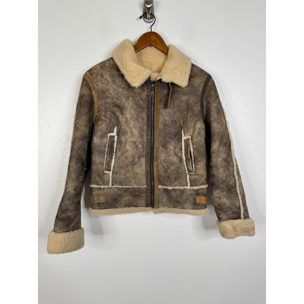 Blue Duck Genuine Shearling Sheepskin Jacket Brown Aviator Bomber Coat Small USA